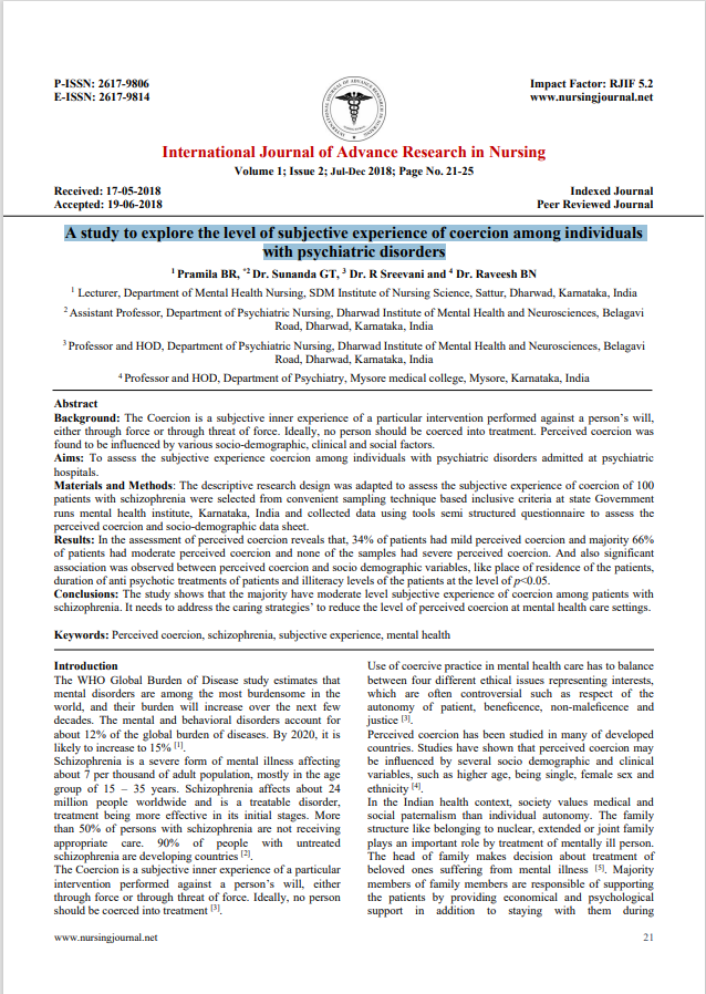 A study to explore the level of subjective experience of coercion among individuals  with psychiatric disorders